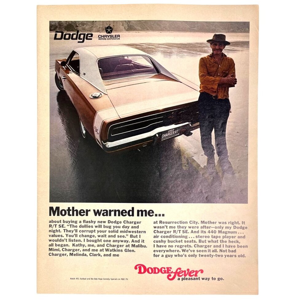 1969 Dodge Charger RT Vintage Print Ad Chrysler Motors Resurrection City Retro u